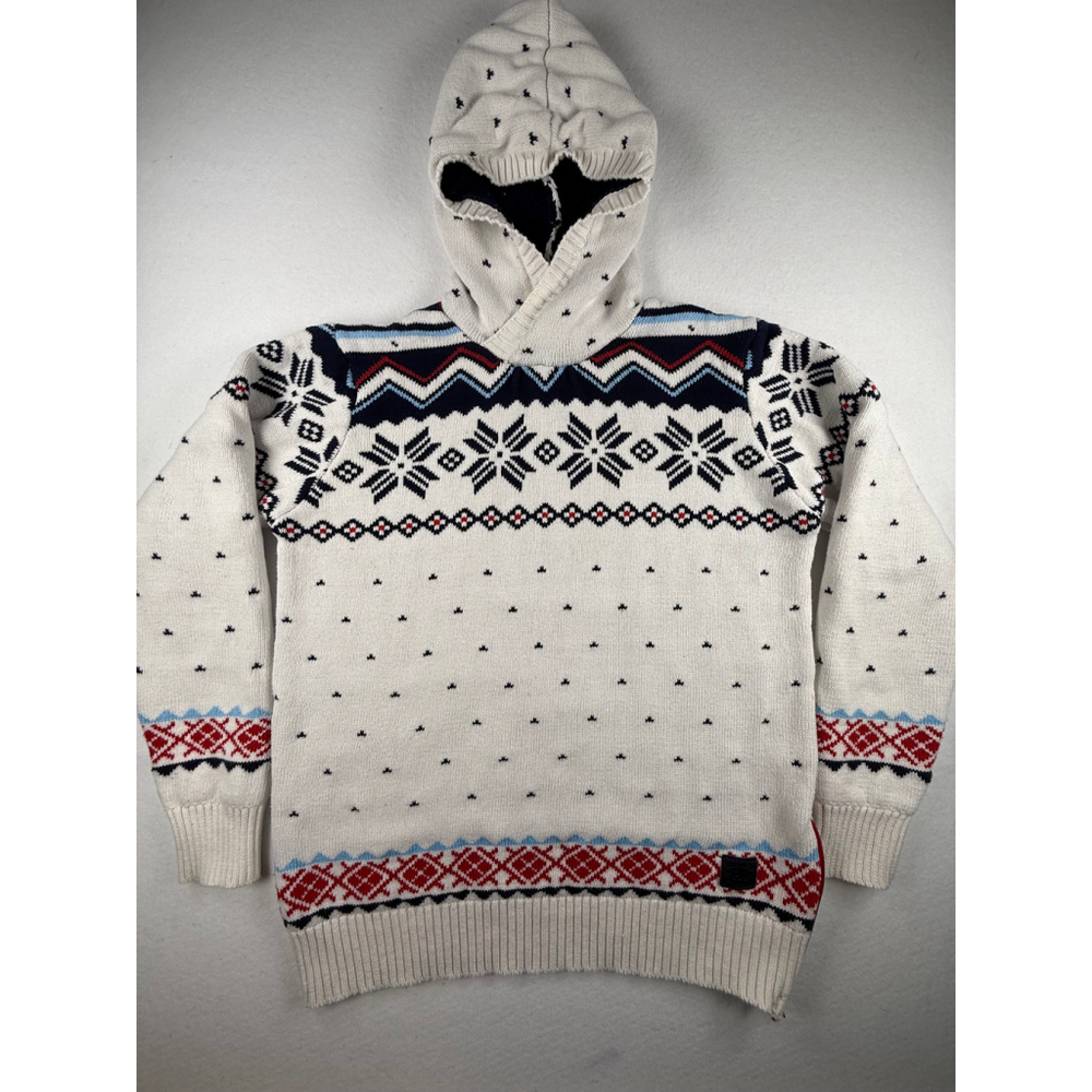 Parish Nation Fair Isle Knit Hoodie Sweater White Red Blue kids Large (14–16)